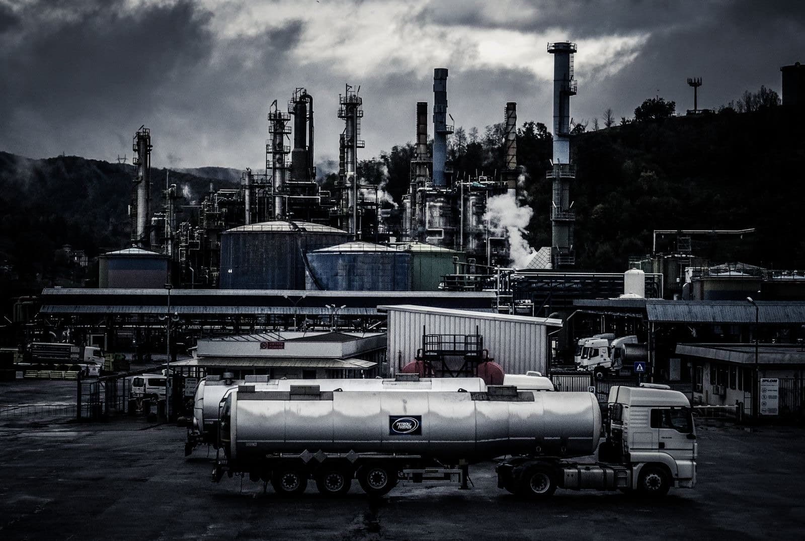 A petroleum storage terminal at dusk
