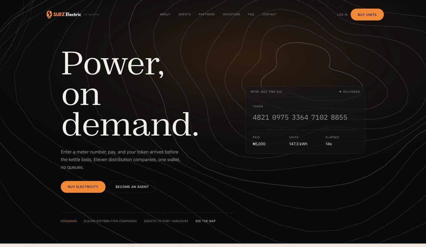The SuezElectric platform showing a prepaid electricity token delivered in fourteen seconds